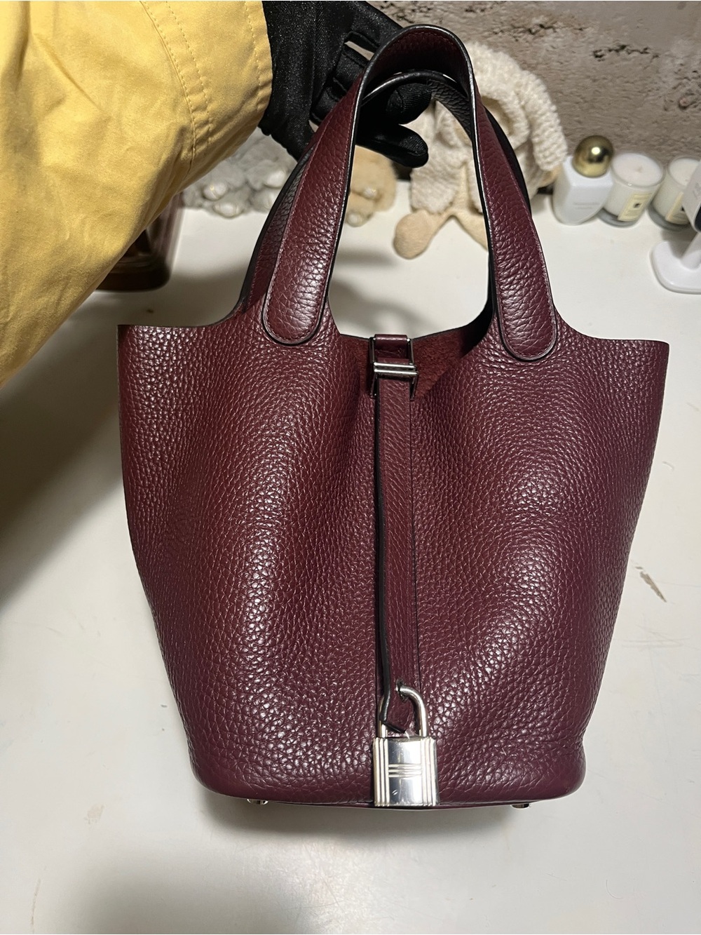 Hermes Bordeaux Togo Leather Bucket Tote with Silver-Tone Padlock - Picture 3 of 16